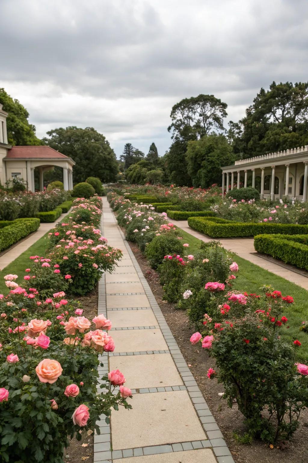 Symmetrical rose garden design for a refined look.
