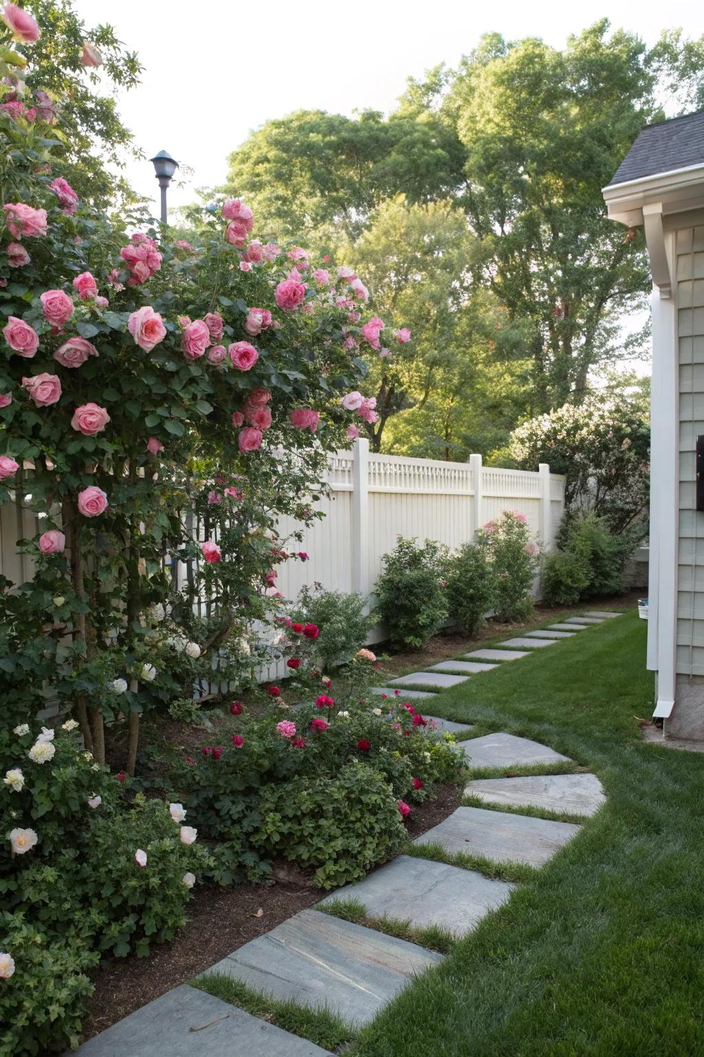Tall rose bushes creating intimate garden spaces.