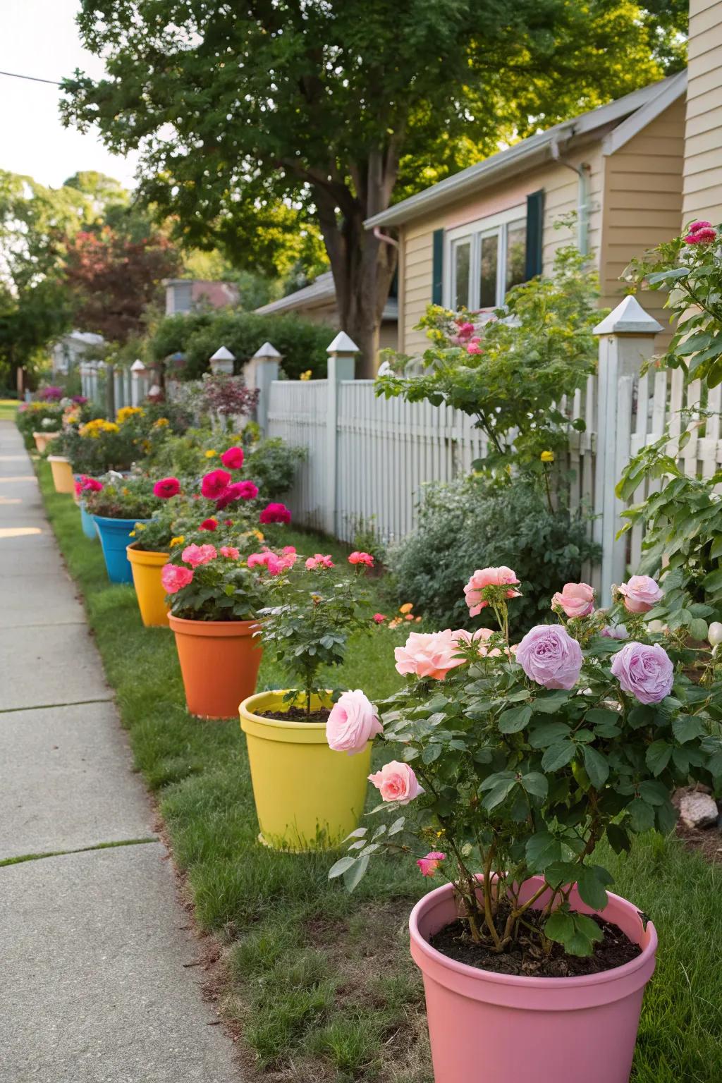 Vibrantly colored pots showcasing roses.