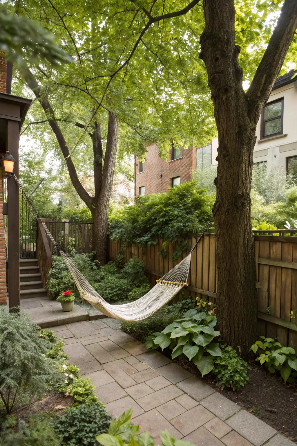 A hammock adds a cozy spot for relaxation and enjoyment