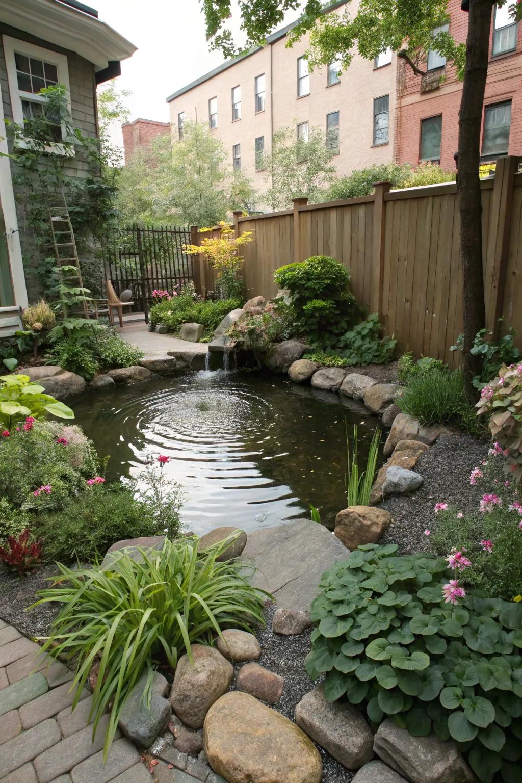 A small pond brings a serene element to the yard
