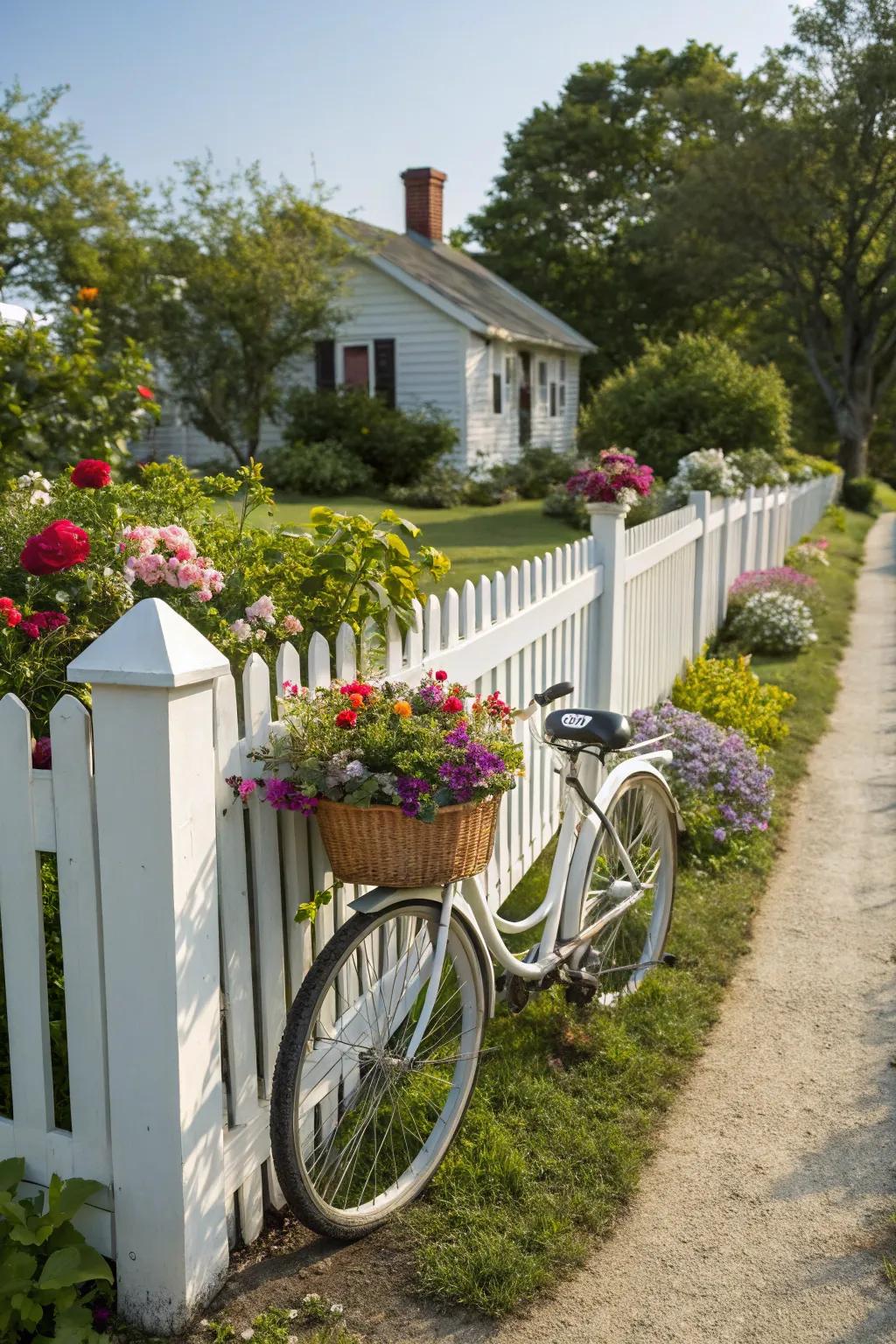 An antique bicycle adds nostalgic flair to a white picket fence.