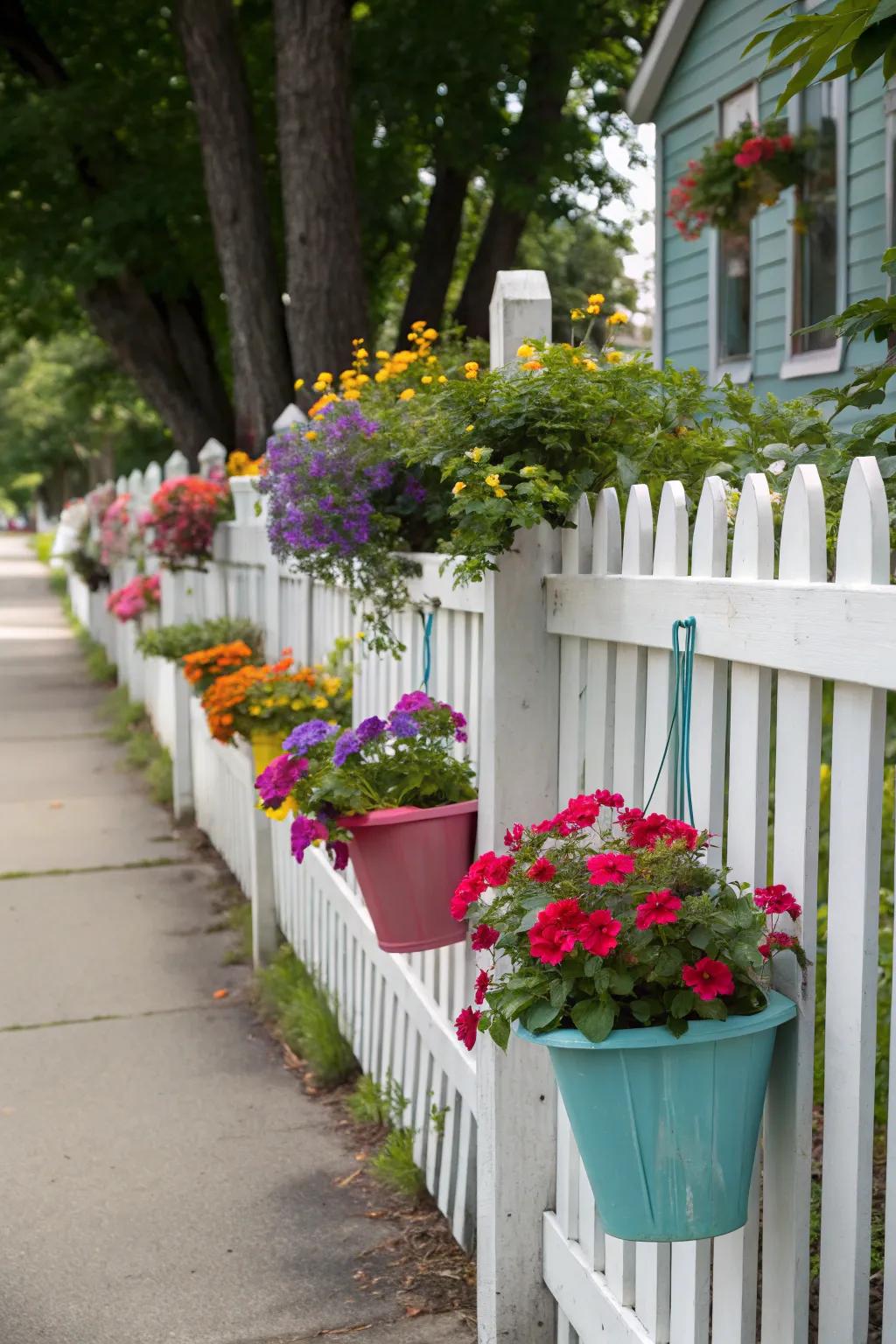 Creative decorative planters brighten a white picket fence.