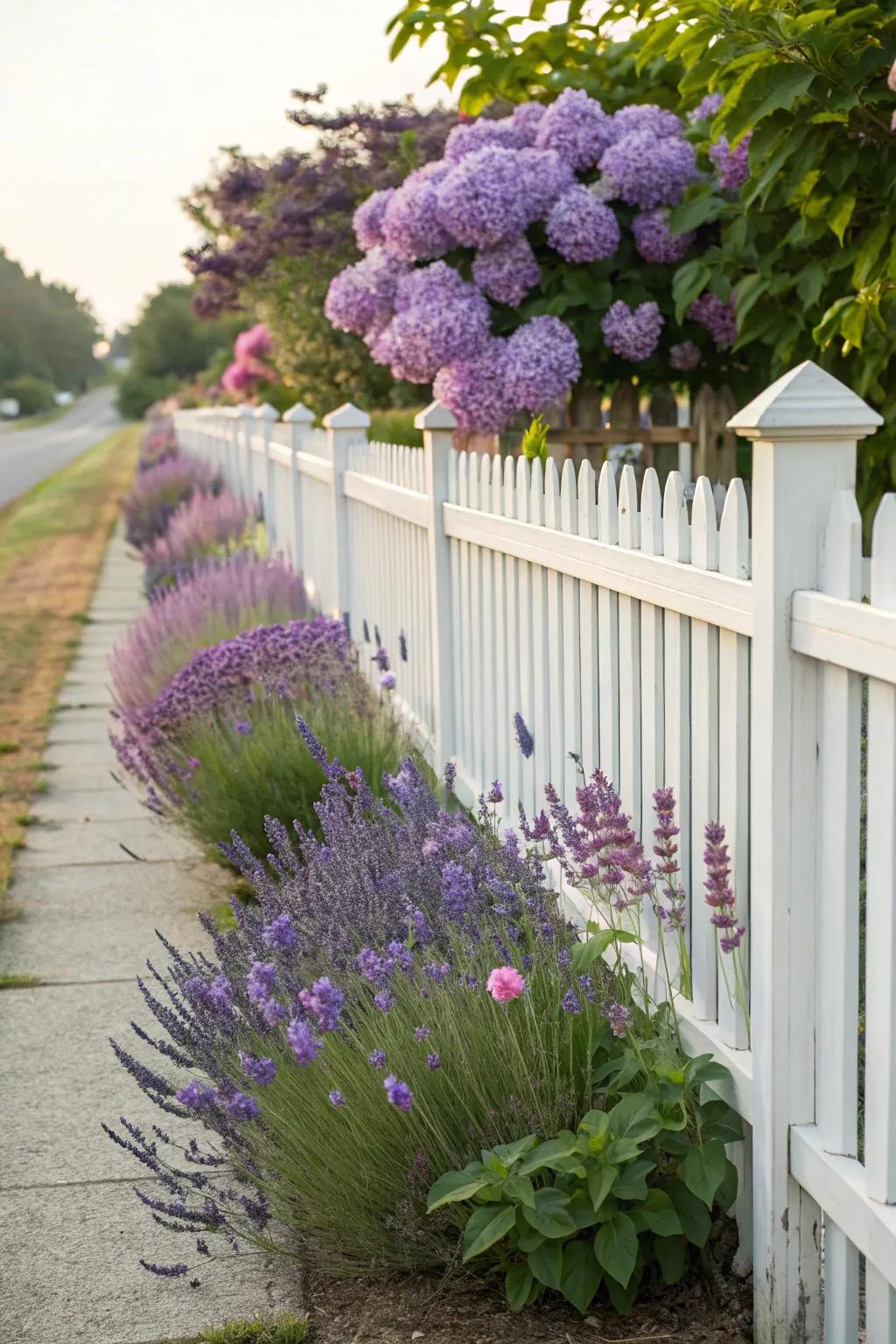 Colorful perennials brighten the base of a white picket fence.