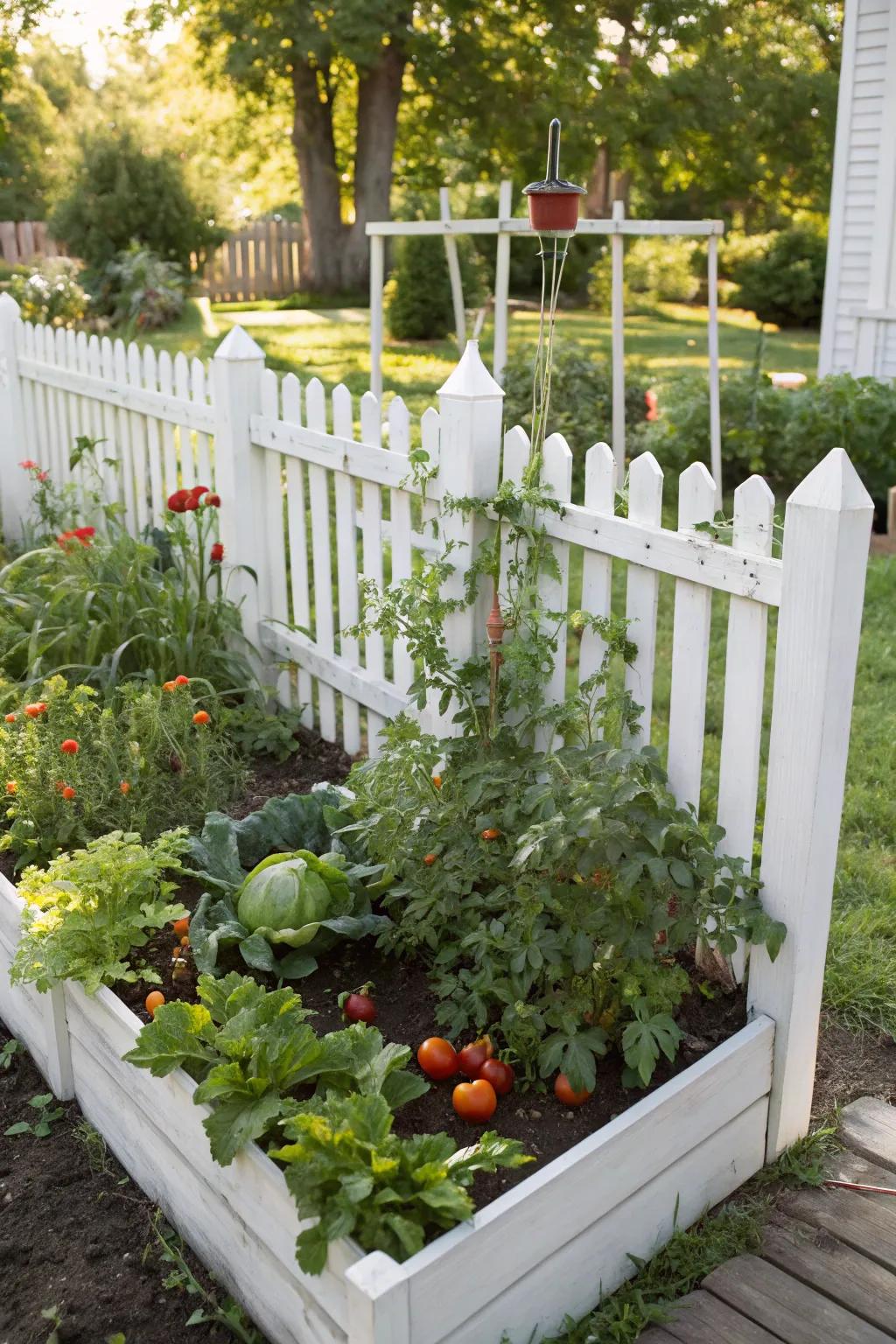 A veggie patch inside a white picket fence yields homegrown crops.