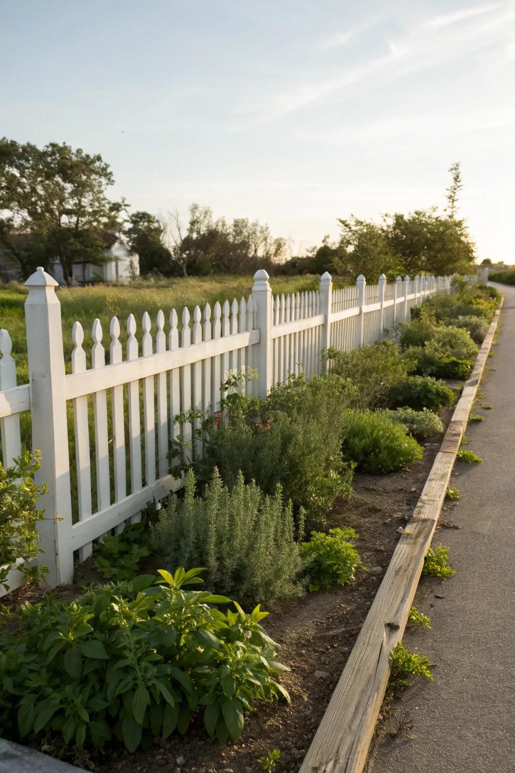 A herb garden borders a white picket fence, combining beauty and utility.