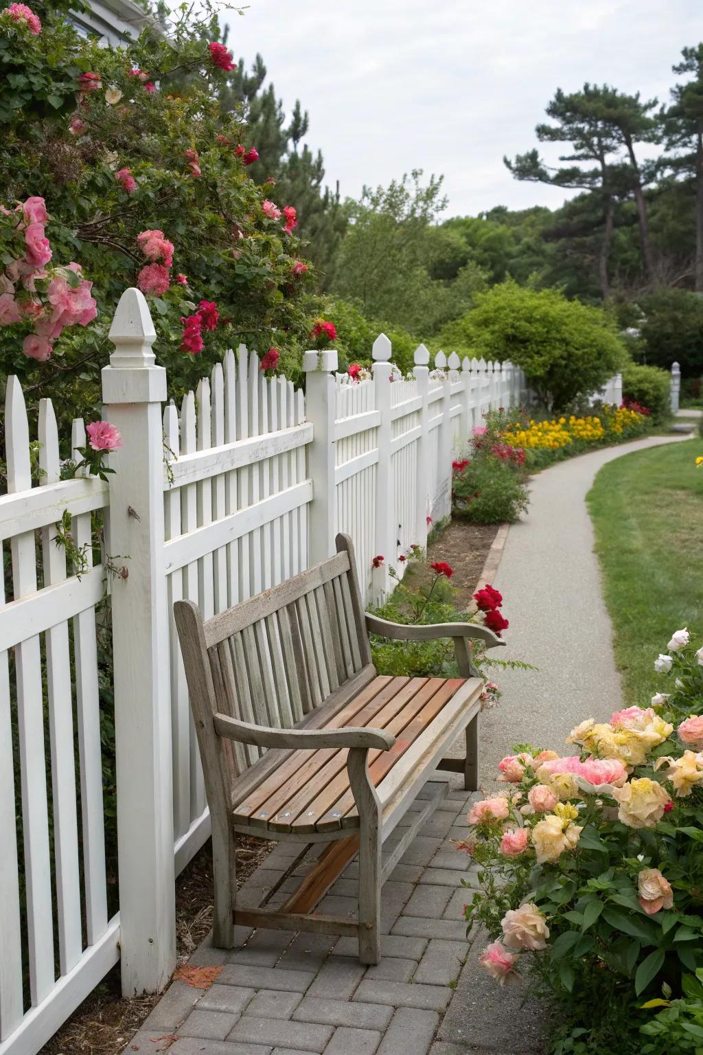 A garden bench adds a peaceful place to relax near a white picket fence.
