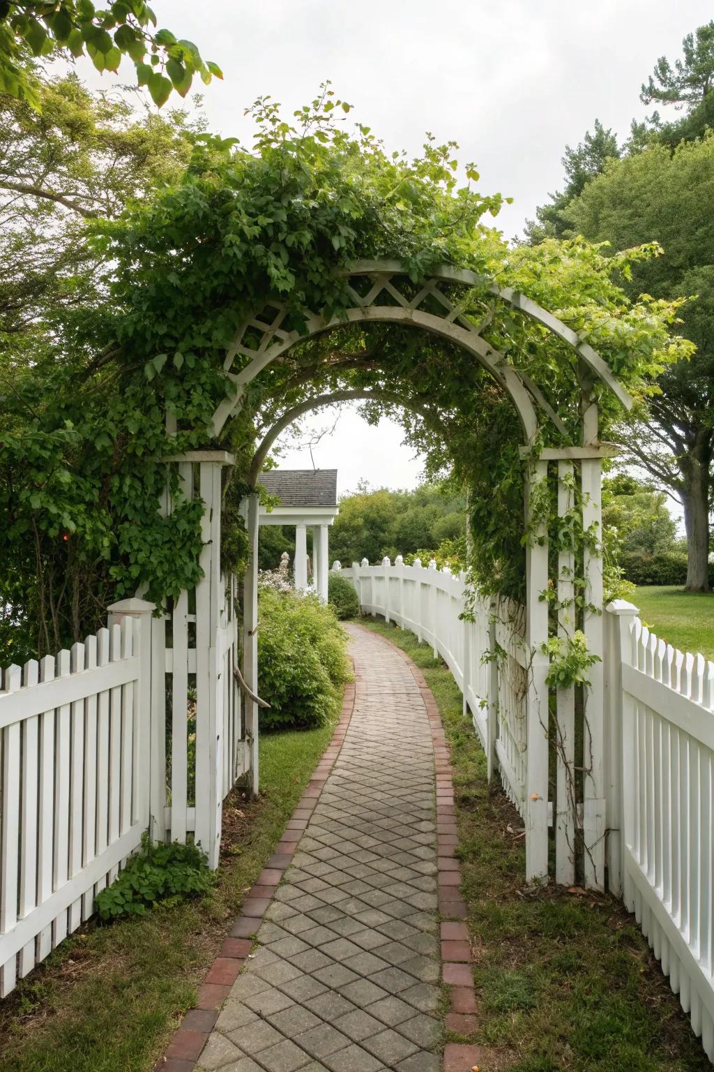 An elegant arbor decorates the entryway of a white picket fence.