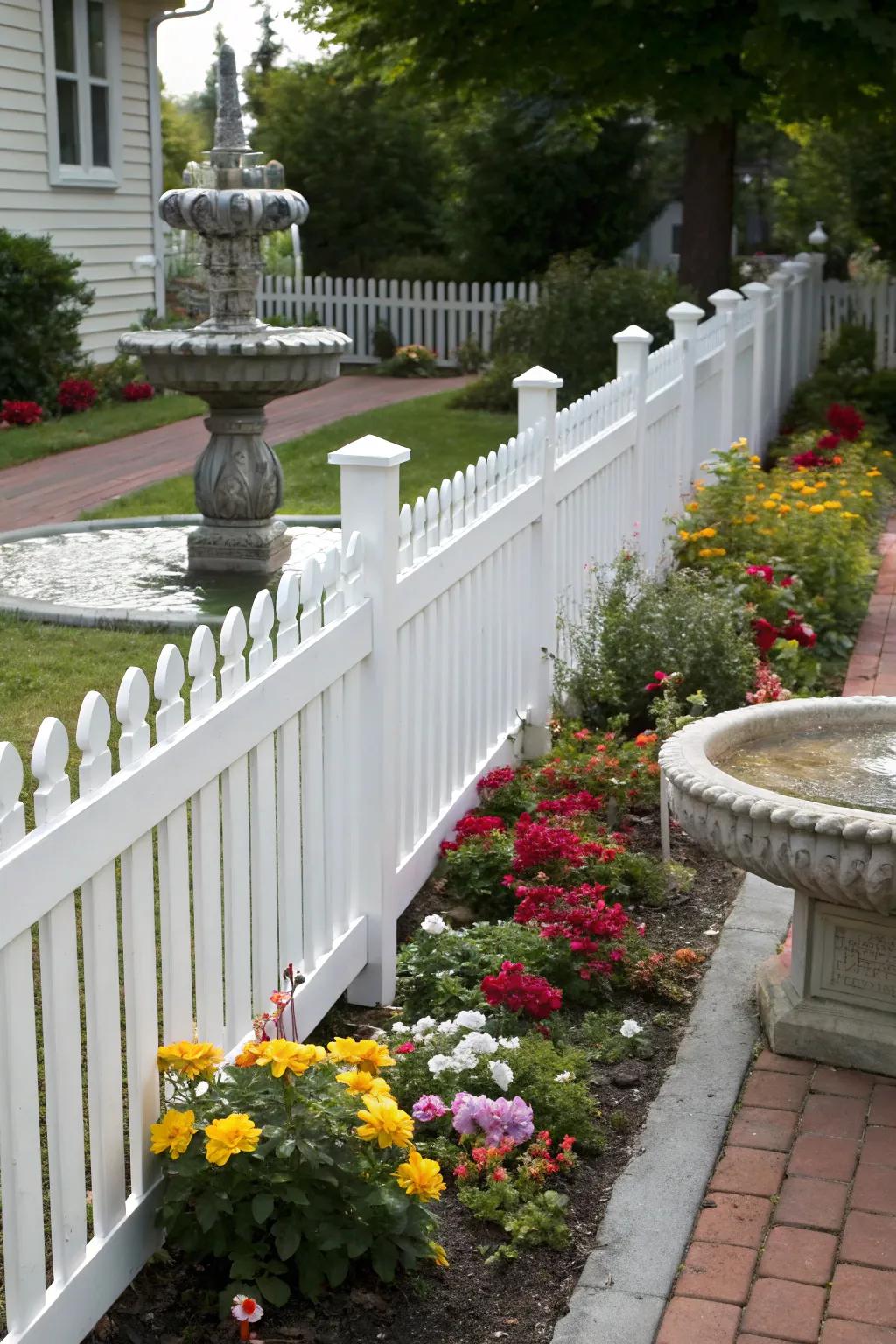 A peaceful garden water feature enhances tranquility beside a white picket fence.
