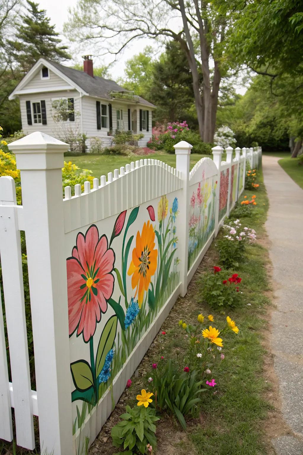 A colorful mural adds a bespoke artistic element to a white picket fence.