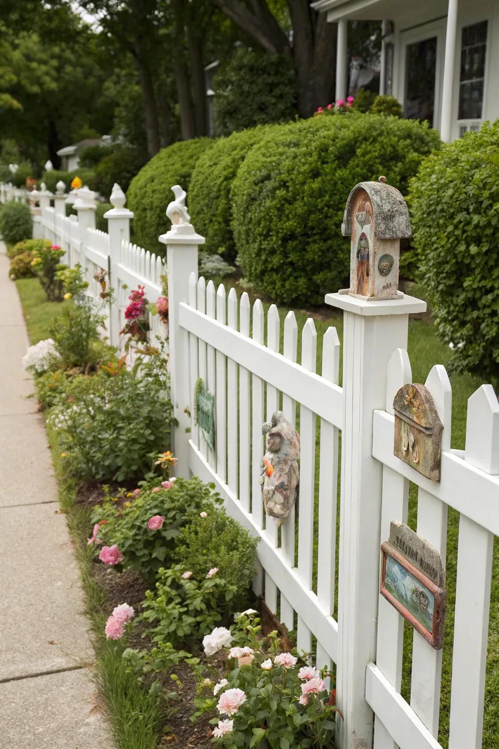 Unique art installations enhance the personality of a white picket fence garden.