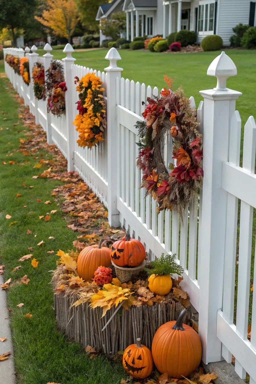 Seasonal adornments create a festive atmosphere on a white picket fence.