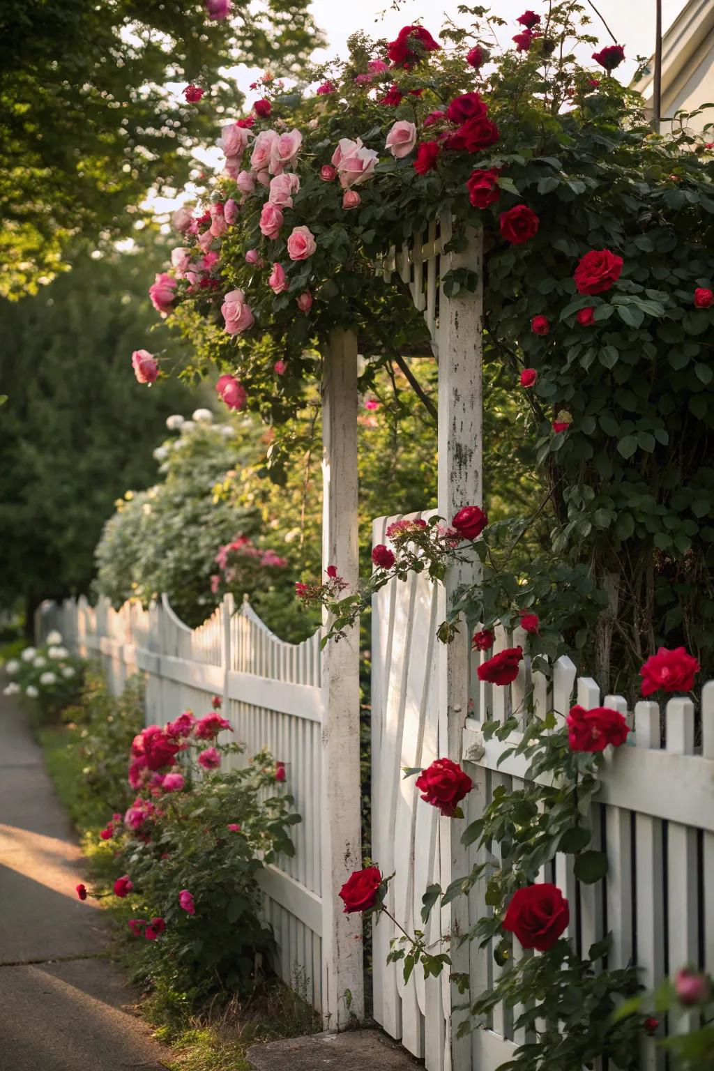 Romantic climbing roses intertwine with a white picket fence.