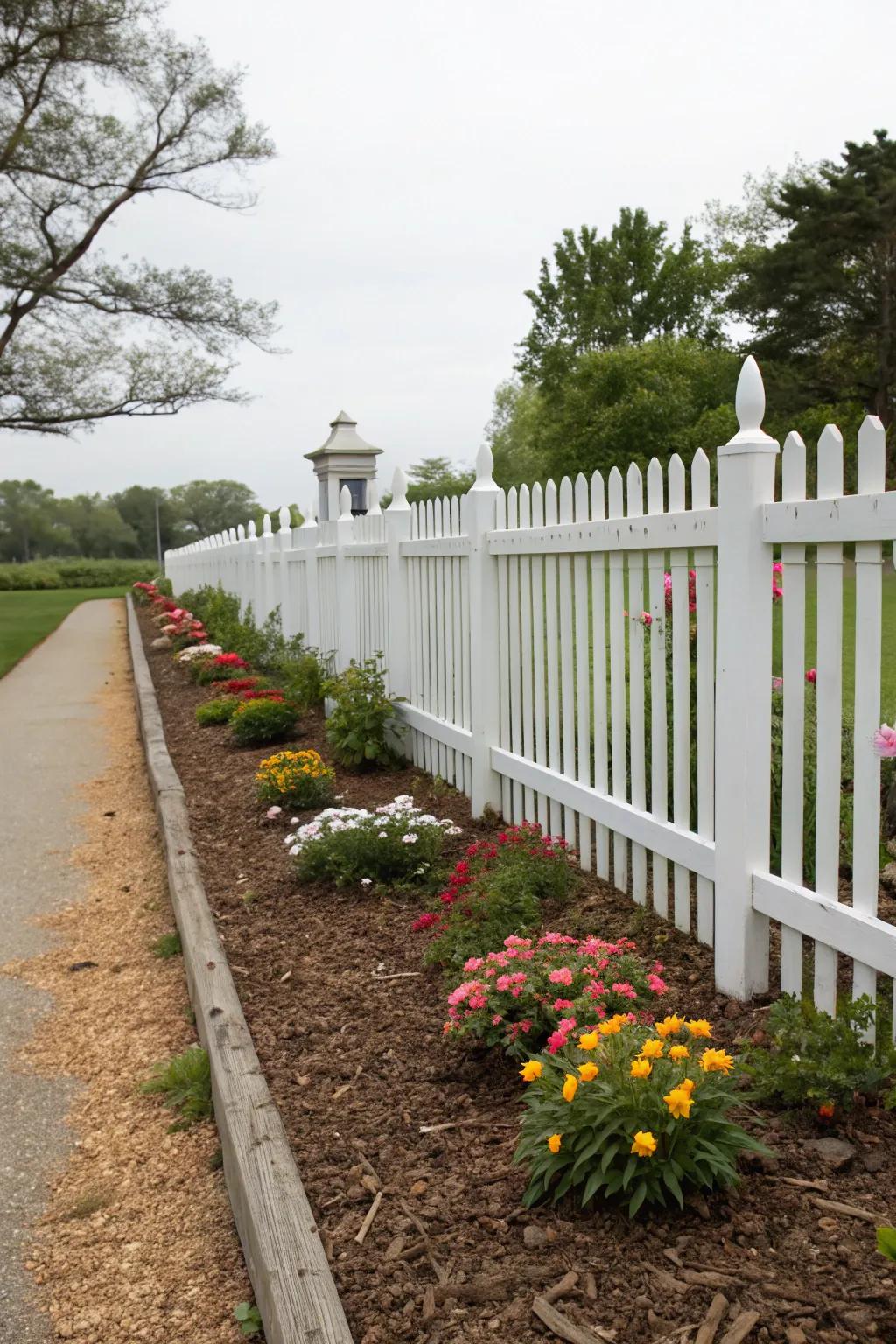 Mulch enhances texture and tidiness at the base of a white picket fence.
