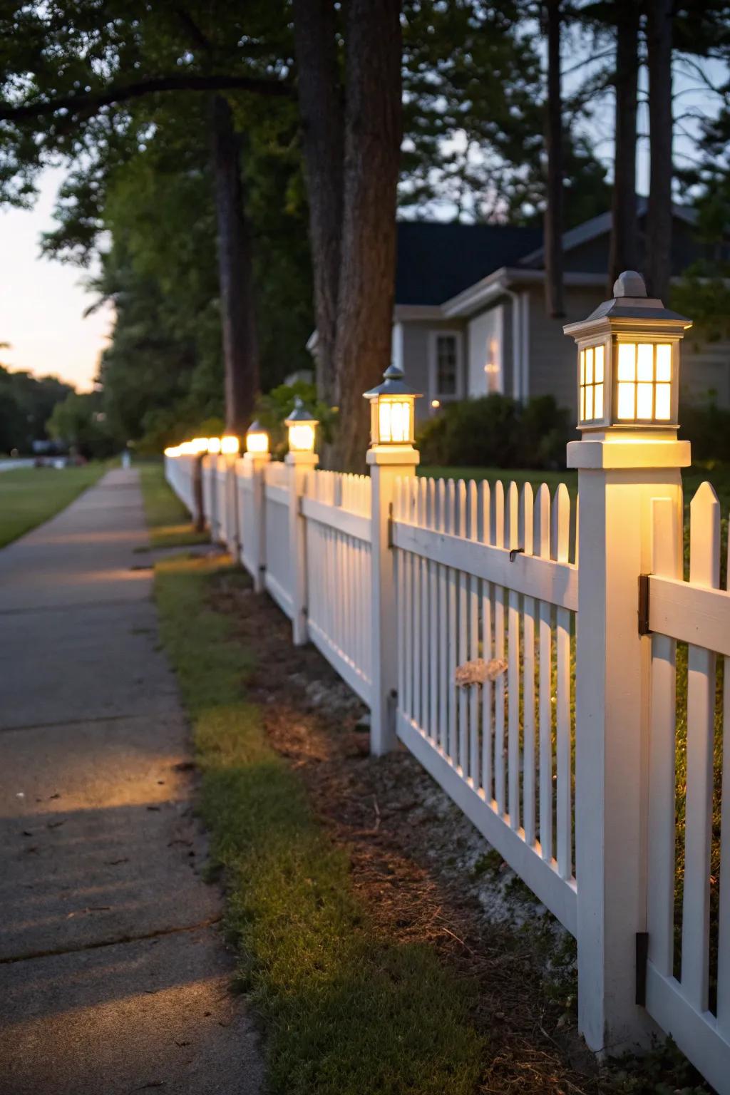 Solar lights cast a warm evening glow around a white picket fence.
