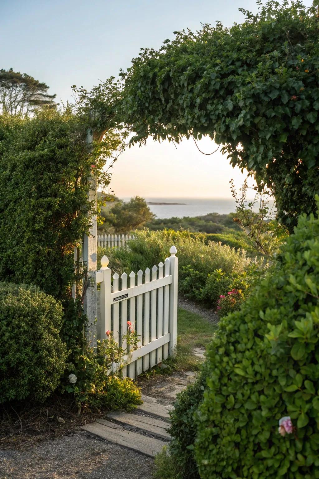 Shrubs frame and complement a white picket fence with greenery.