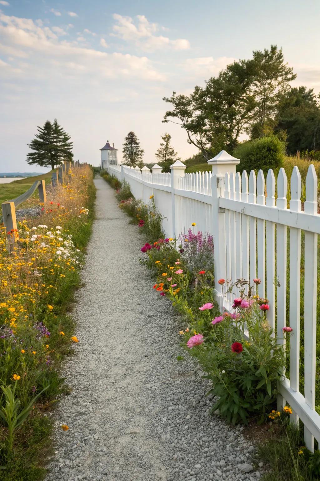A gravel pathway enhances rustic charm next to a white picket fence.