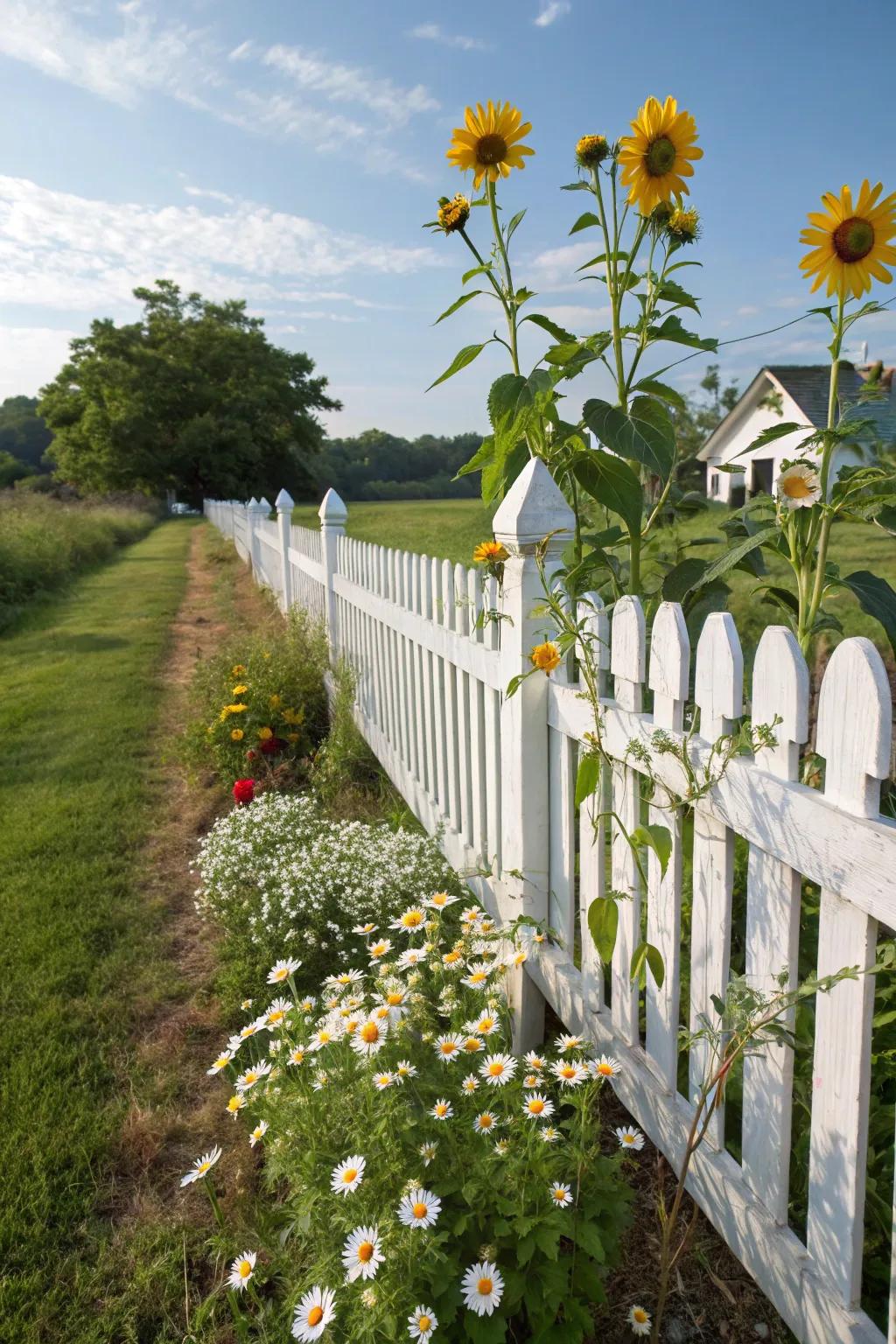 A diverse selection of plant heights adds dimension along a white picket fence.
