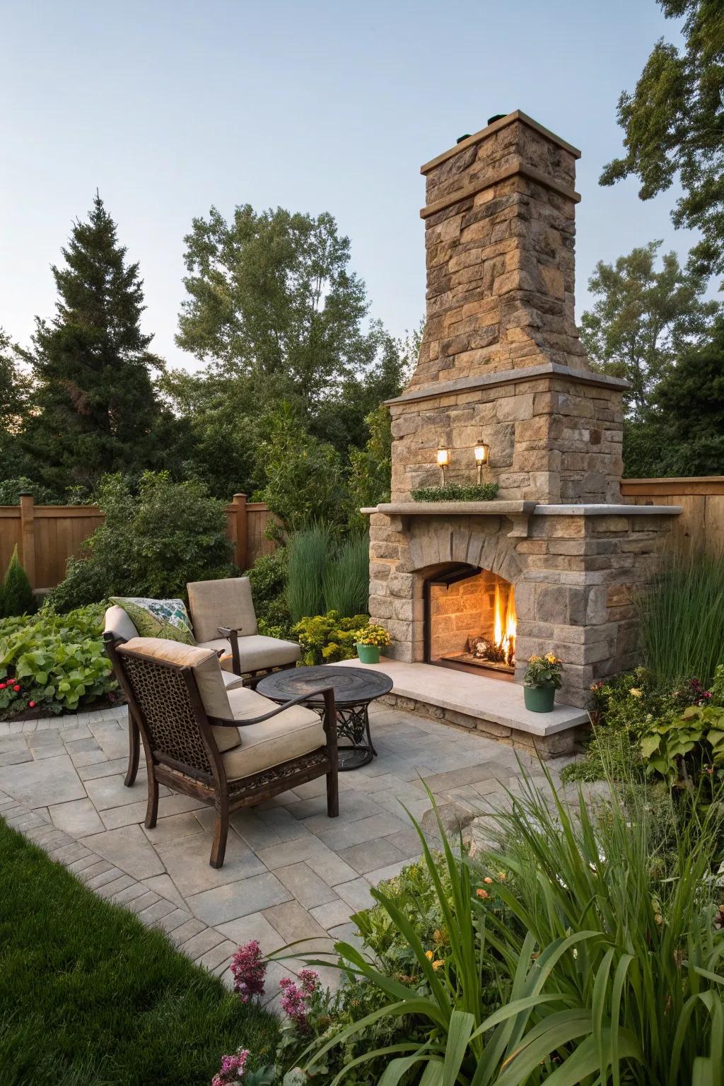 A half-wall stone fireplace ideal for small outdoor spaces.