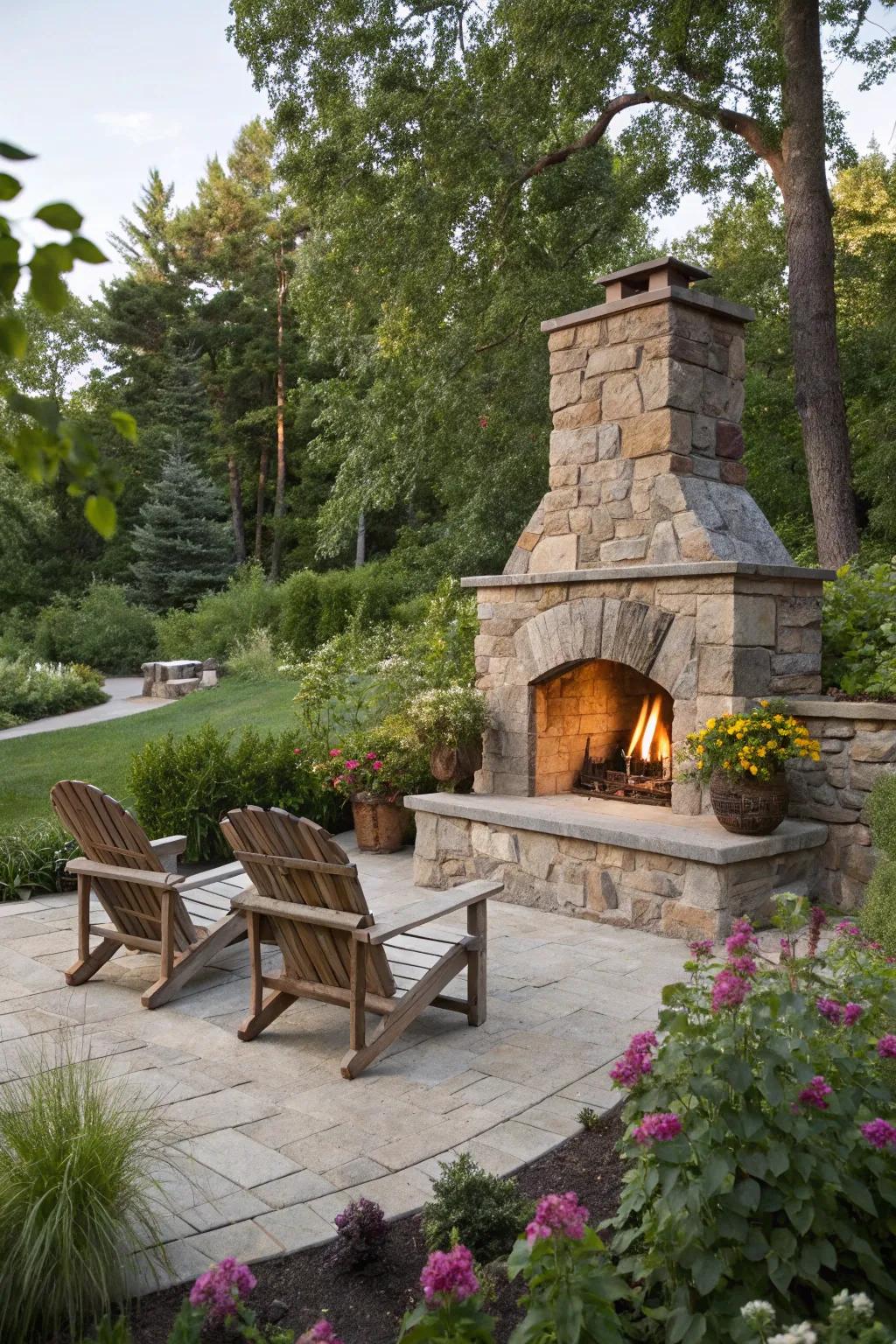 A rustic fieldstone fireplace nestled in a garden setting.
