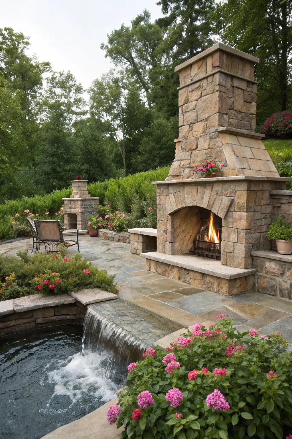A unique pairing of fire and water for a captivating outdoor design.