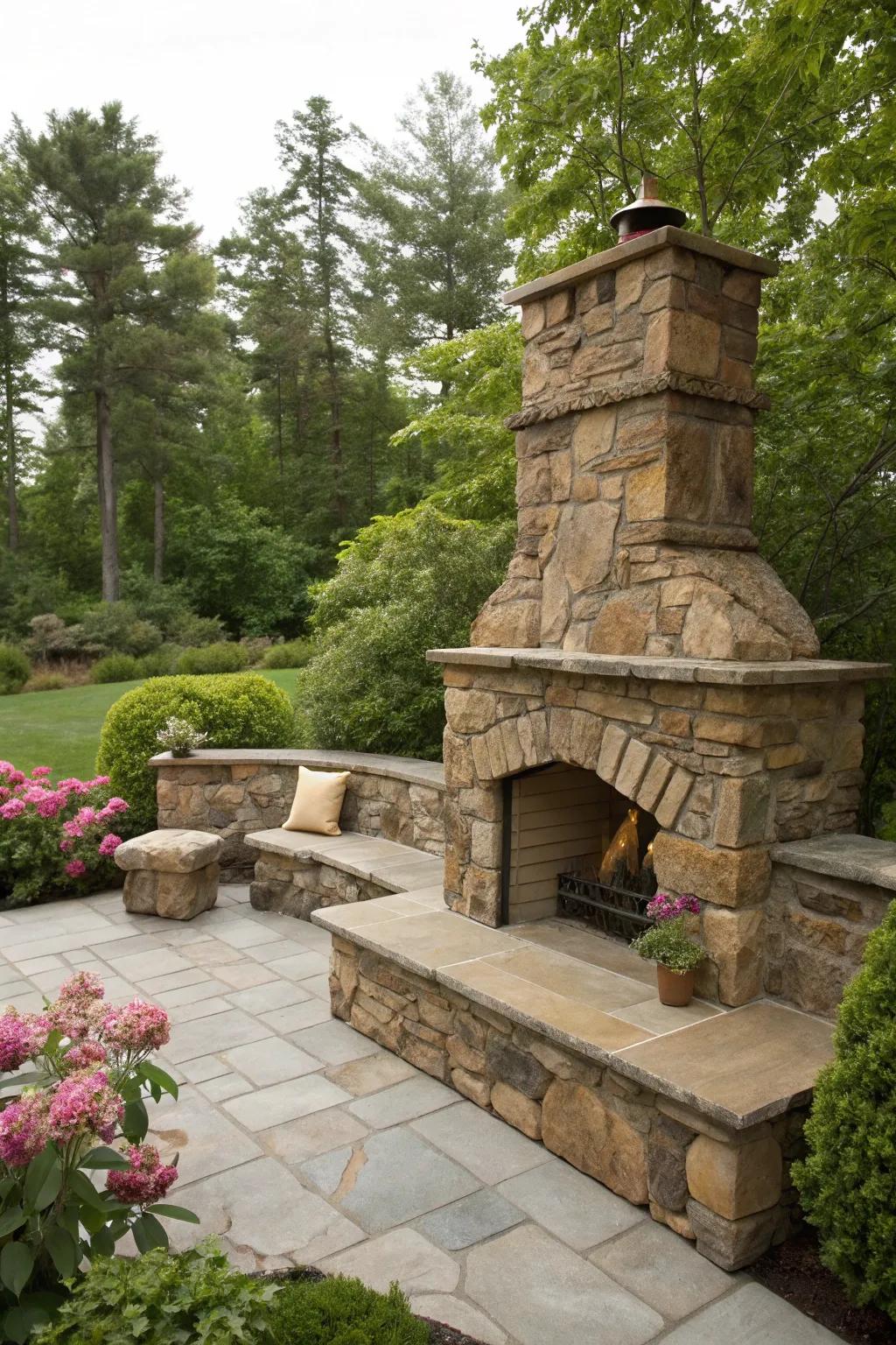 A fireplace with built-in seating for a cohesive outdoor design.