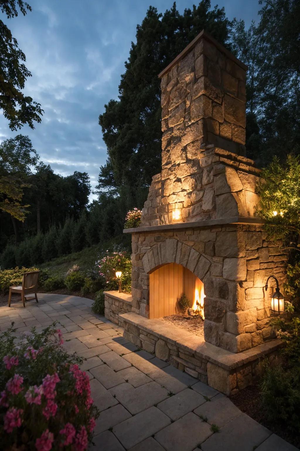Ambient lighting enhancing the beauty of a stone fireplace.