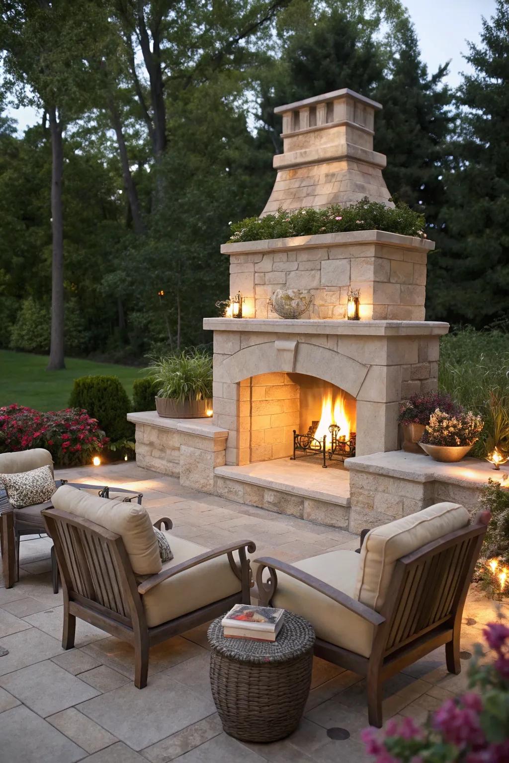 A cozy limestone fireplace providing a tranquil retreat.