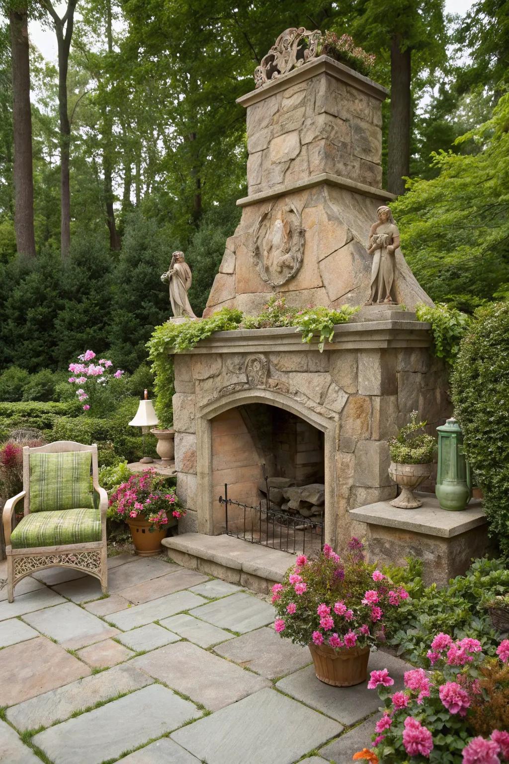 Artistic sculptures surrounding a fireplace for an imaginative design.