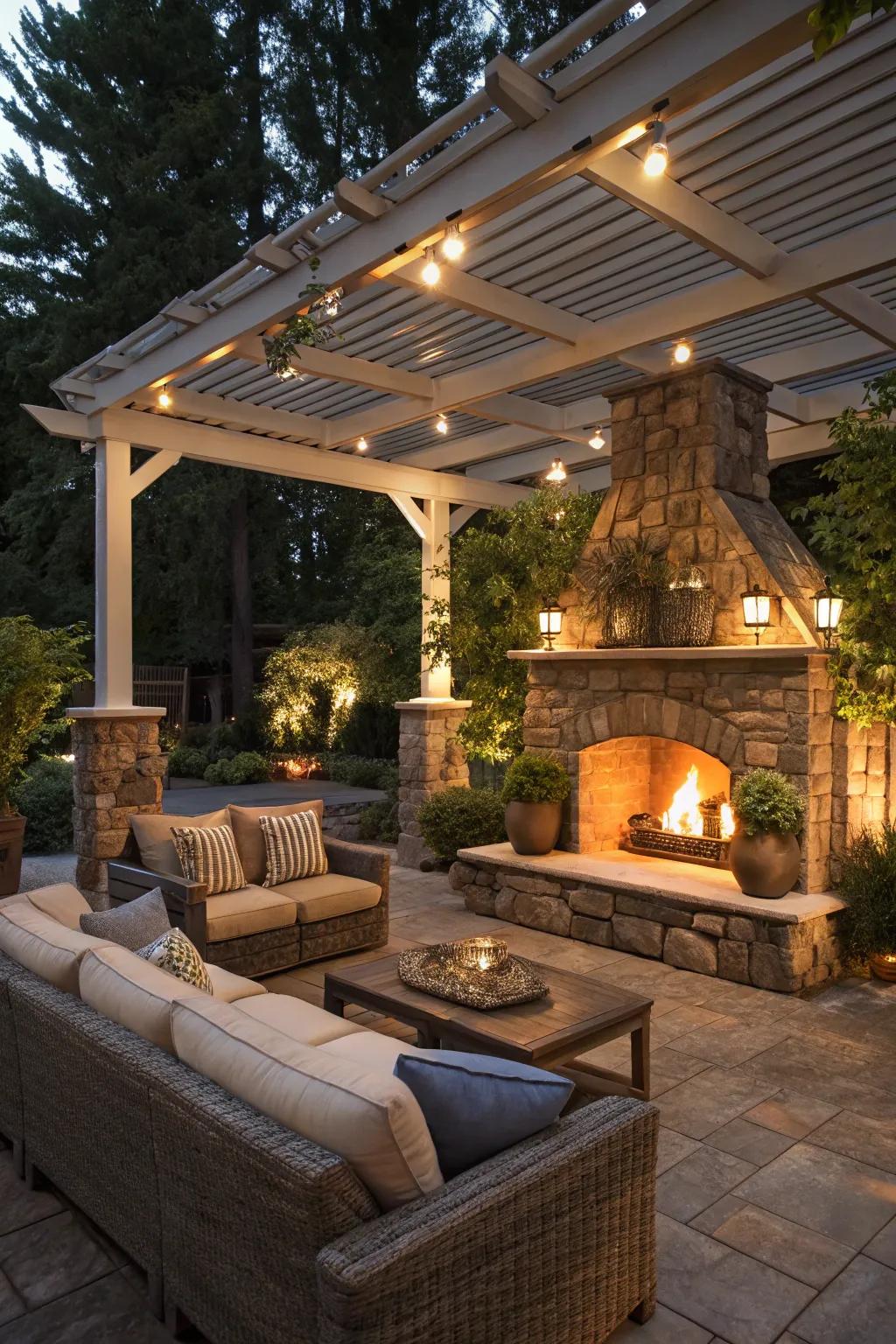 An integrated outdoor living room centered around a stone fireplace.