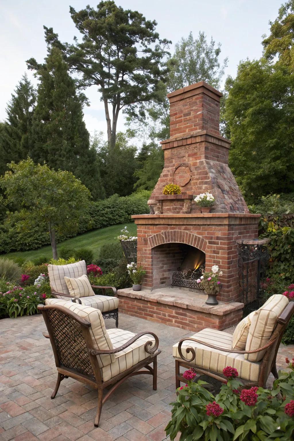A charming brick fireplace for a traditional outdoor ambiance.