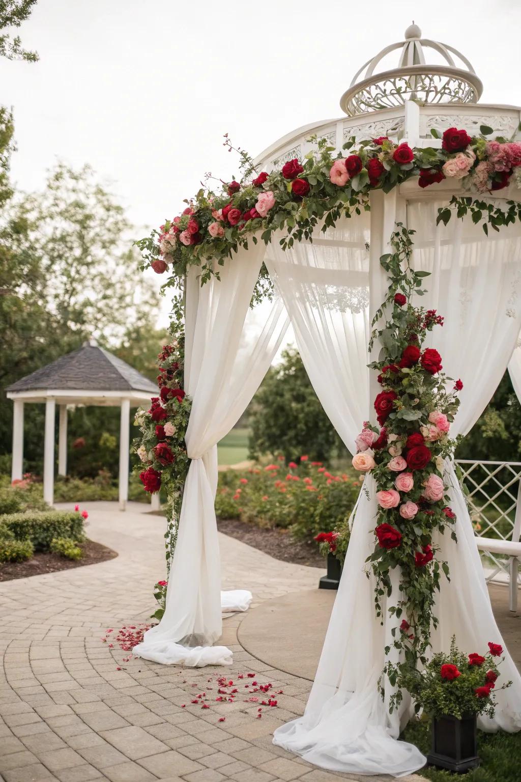 Romantic floral drapery cascading around a gazebo.