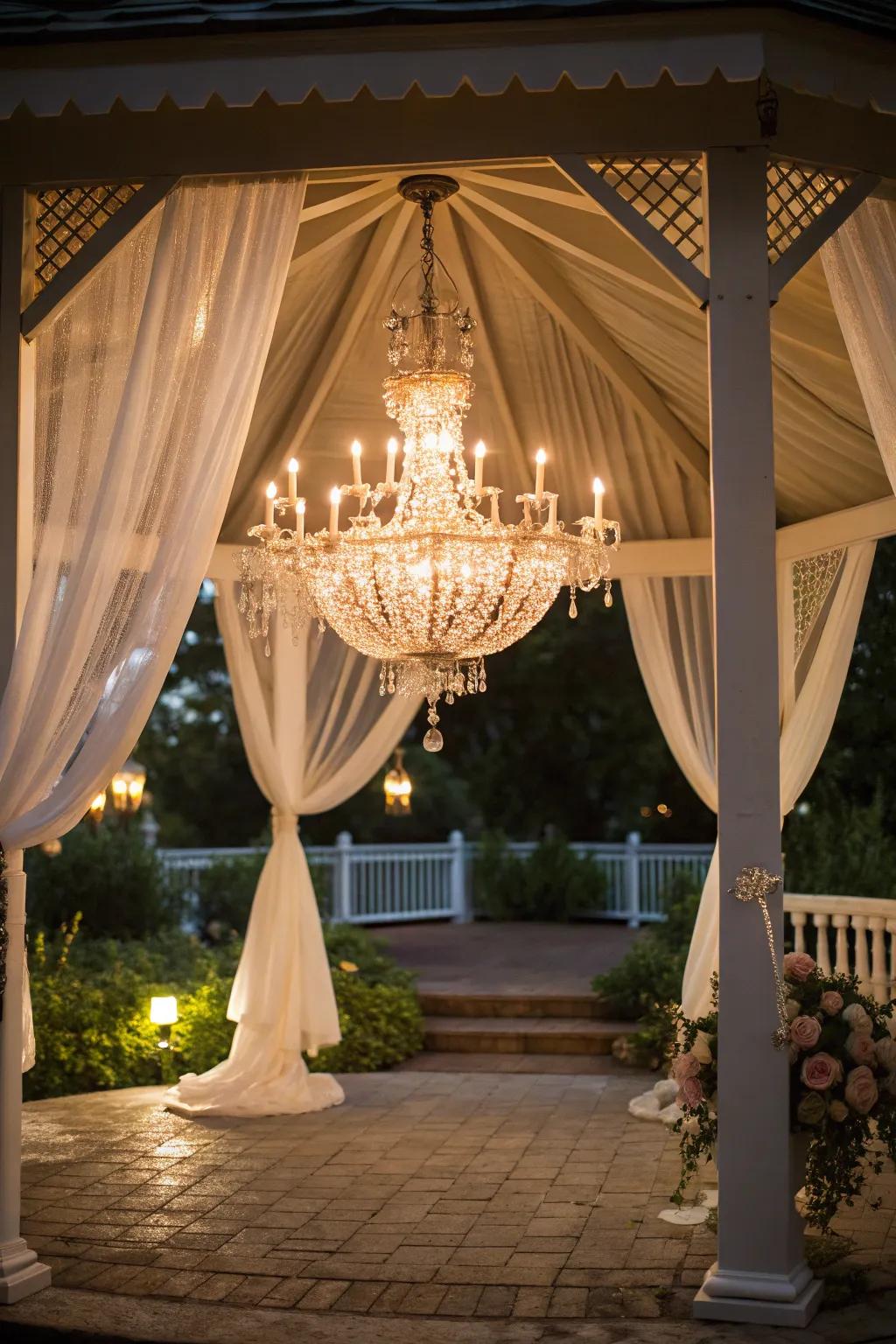 A chandelier bringing elegance to the gazebo.