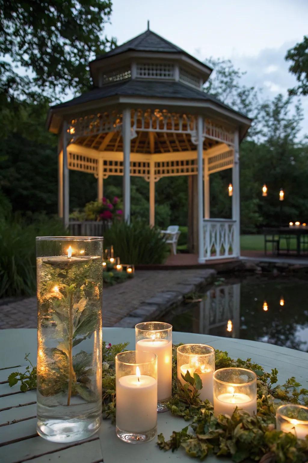 Floating candles creating a serene ambiance in the gazebo.
