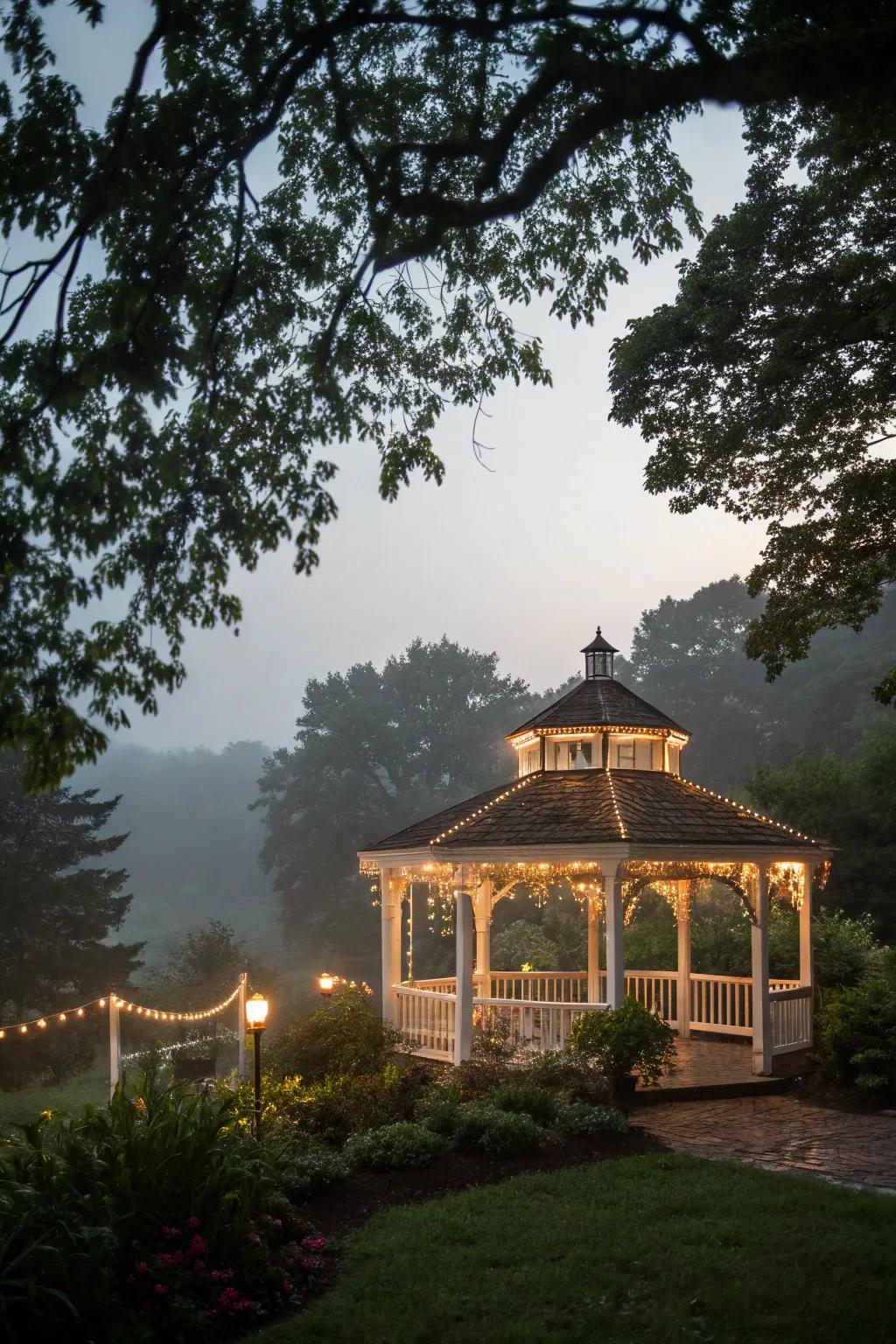 A gazebo glowing under the charm of twinkling lights.