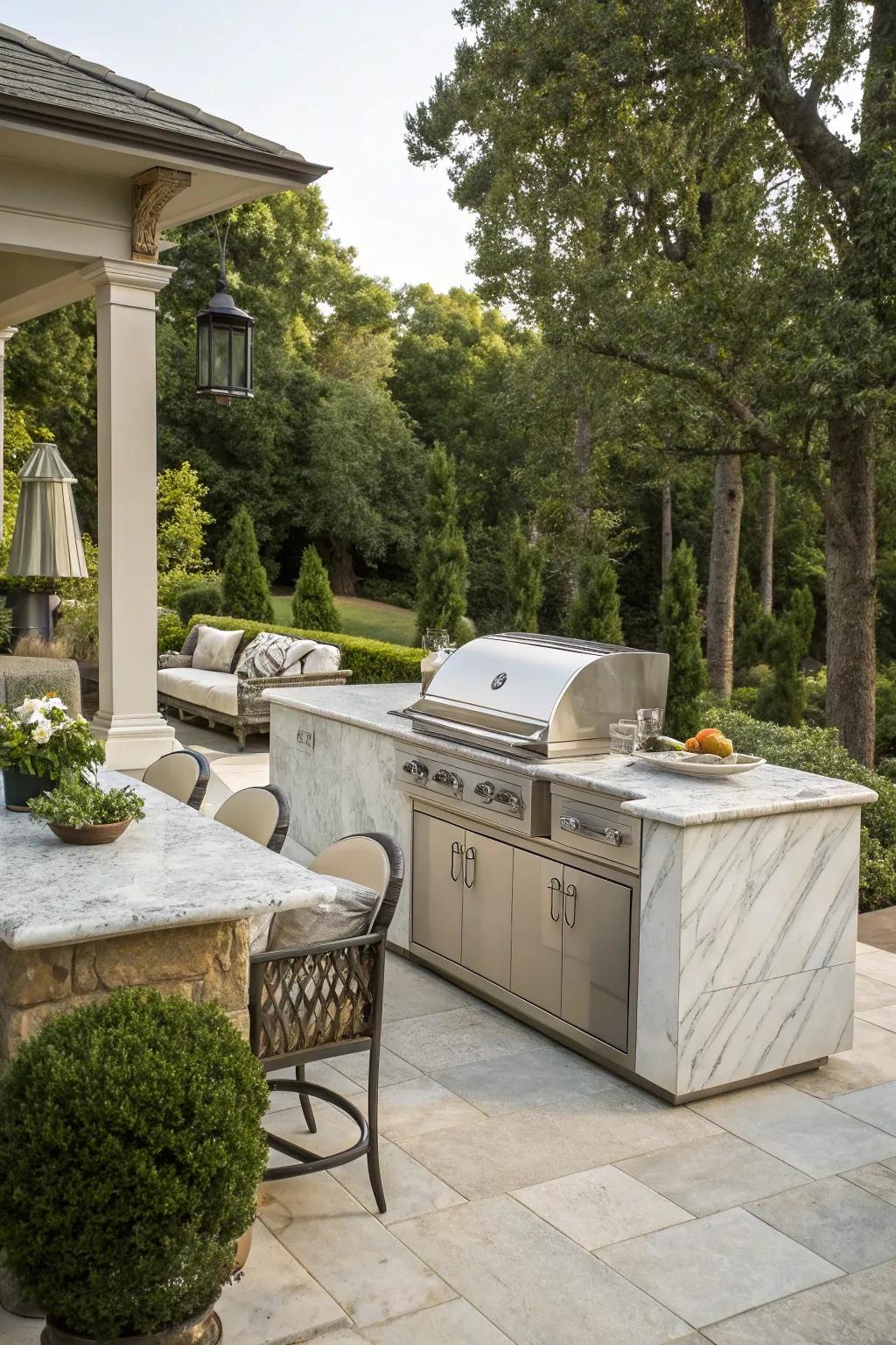 Quartzite countertops combine elegance with practicality for outdoor kitchens.
