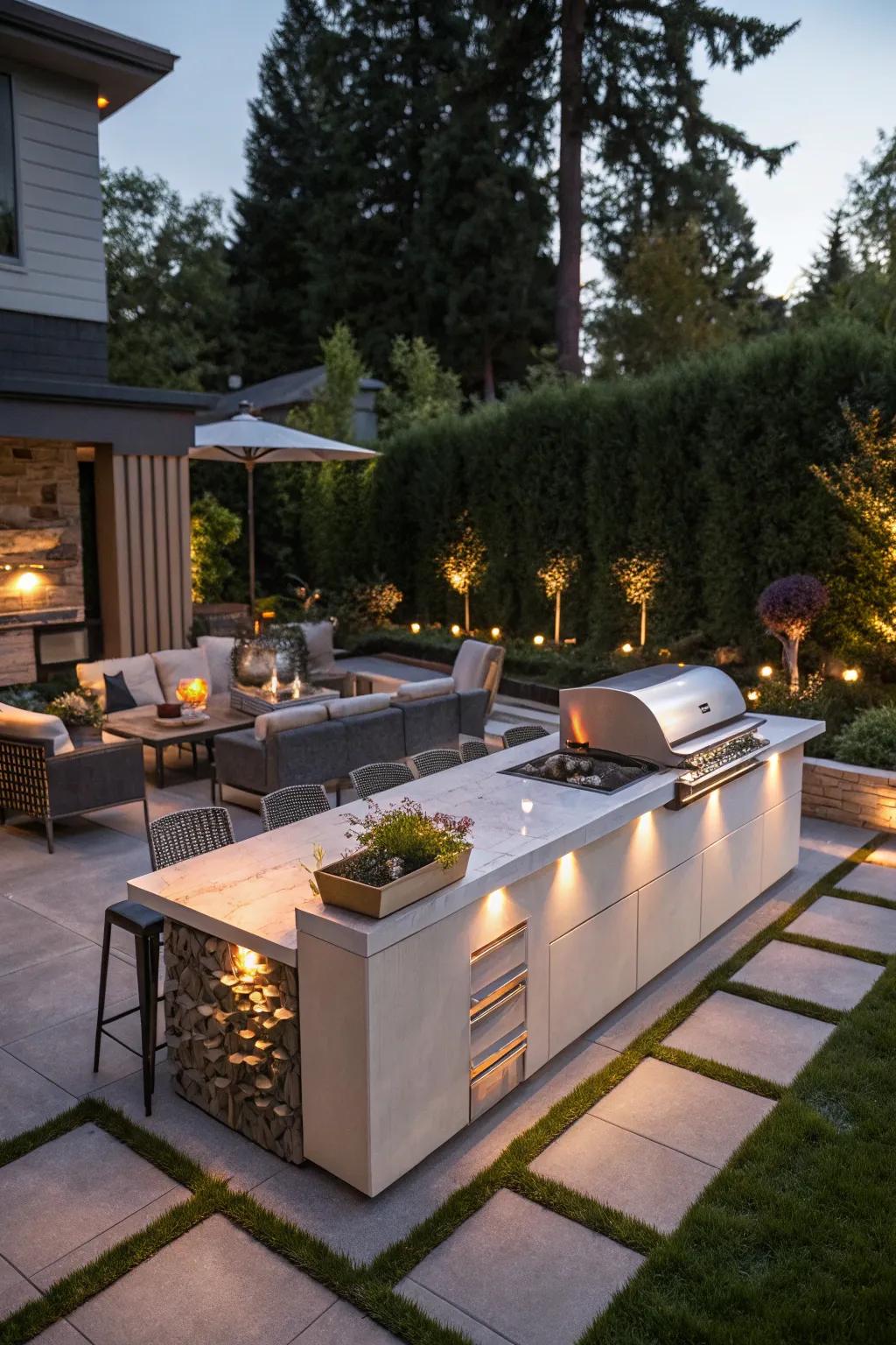 Porcelain countertops offer versatility and low maintenance for outdoor kitchens.