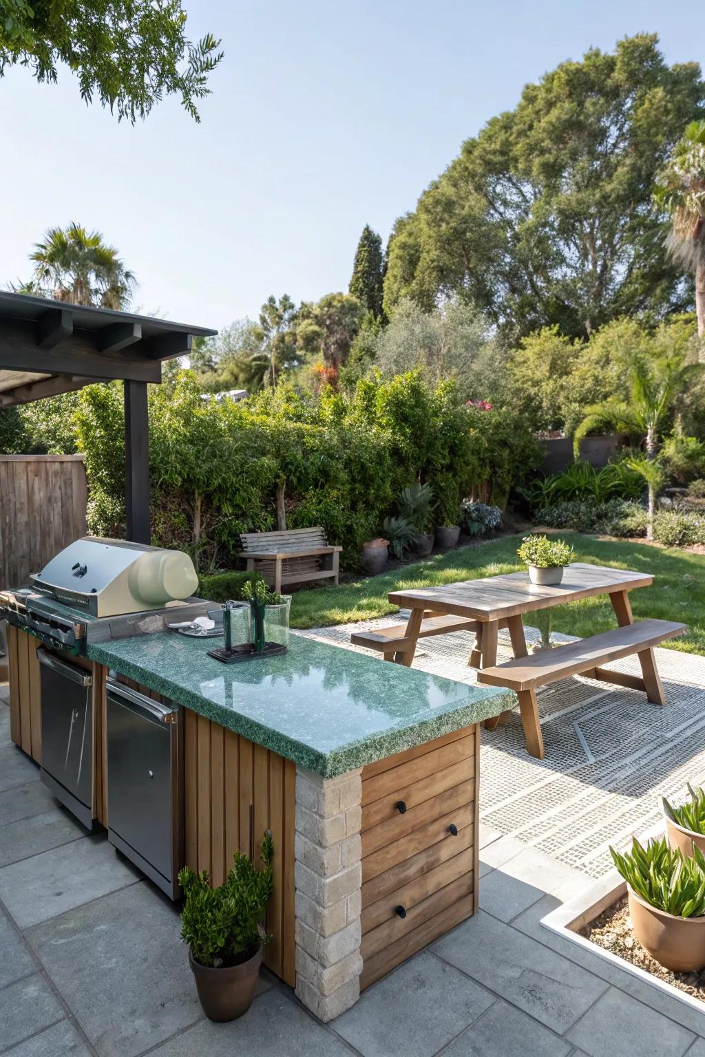 Recycled glass countertops offer a unique and eco-friendly option for BBQ islands.