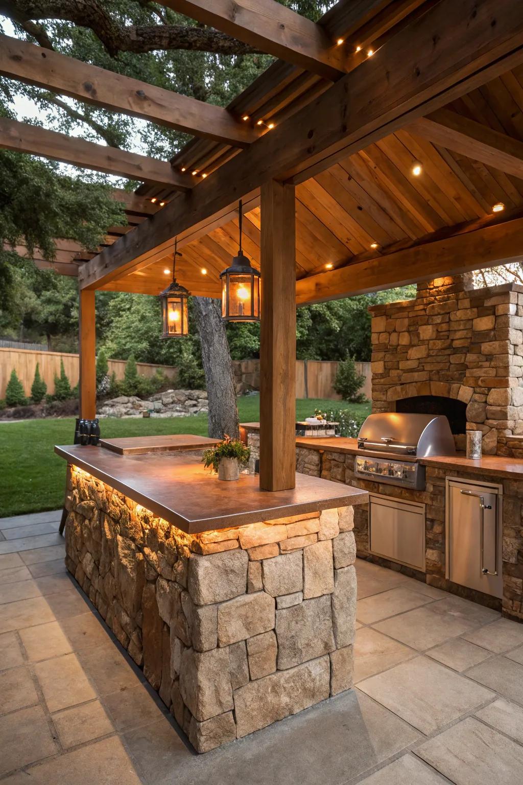 Copper countertops add warmth and a unique touch to BBQ islands.