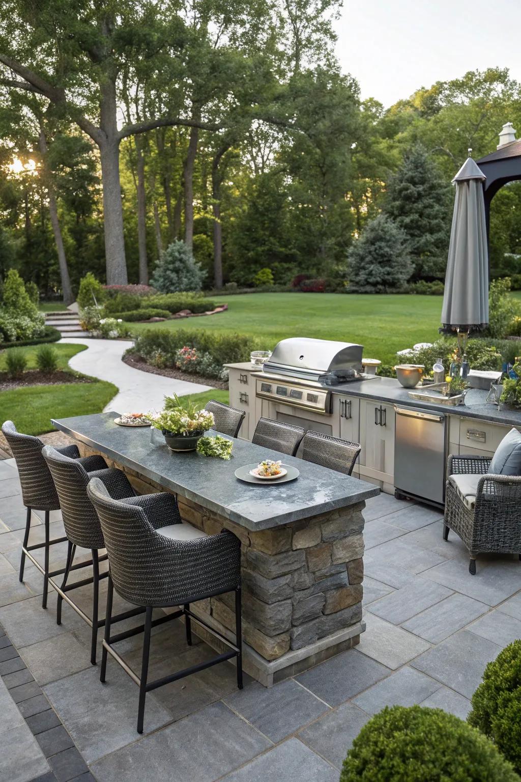 Slate countertops offer a chic and natural look for outdoor kitchens.
