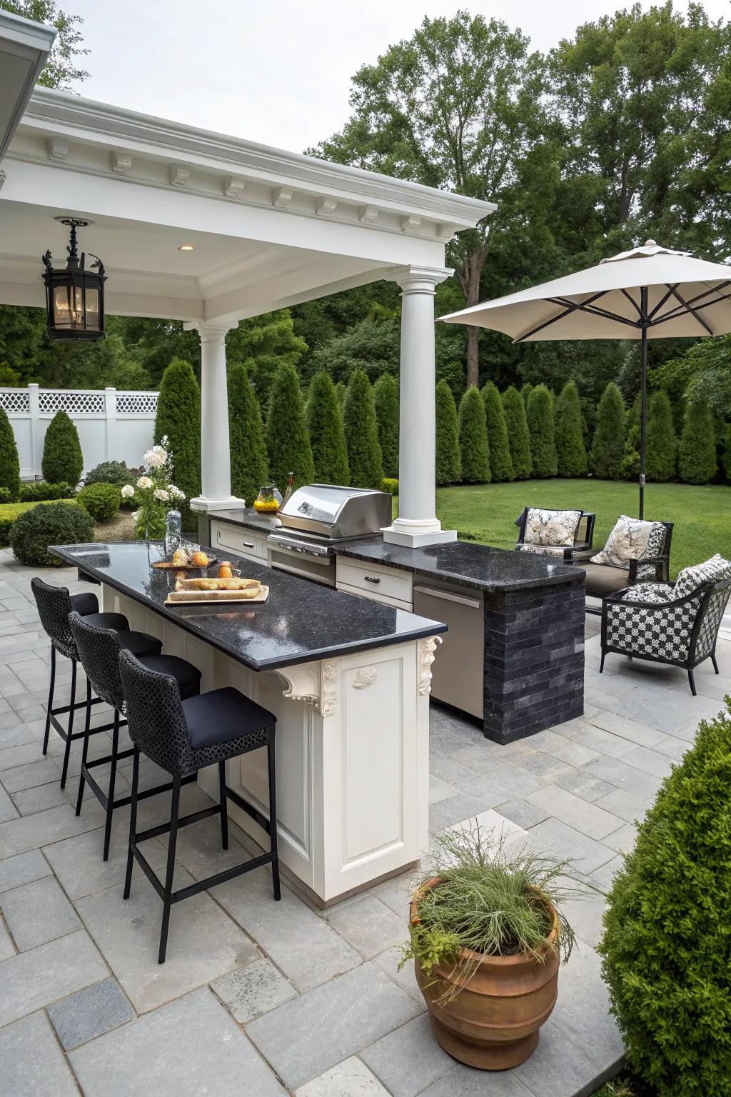 Black granite countertops add bold elegance to outdoor kitchens.