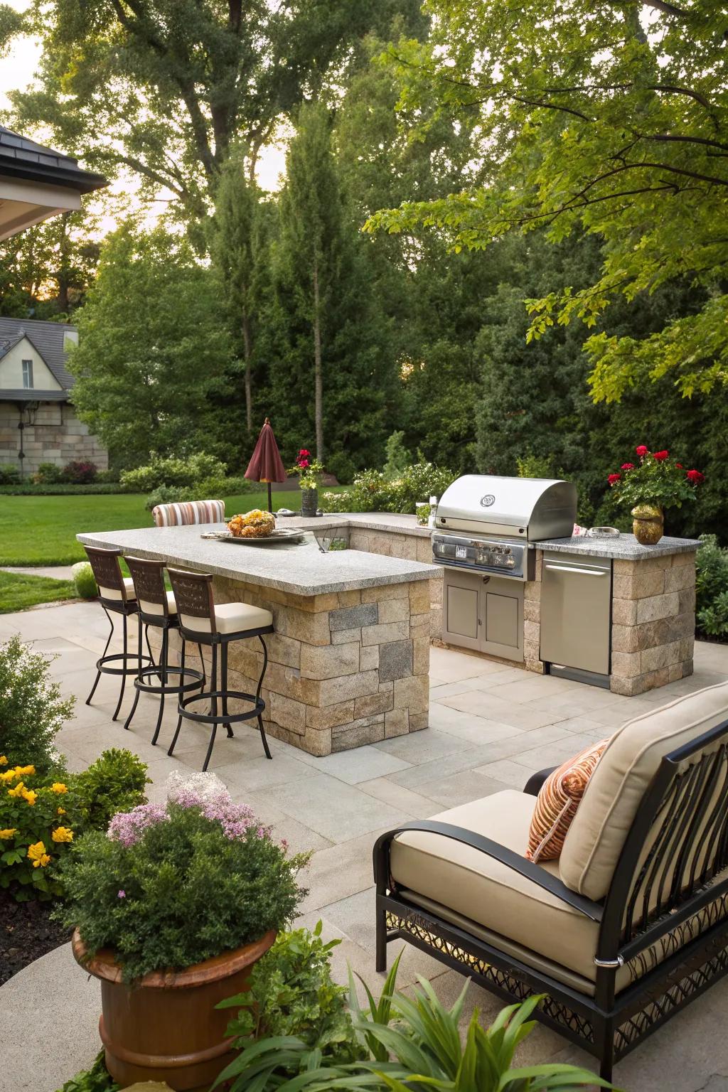 Limestone countertops offer natural luxury for outdoor kitchens.