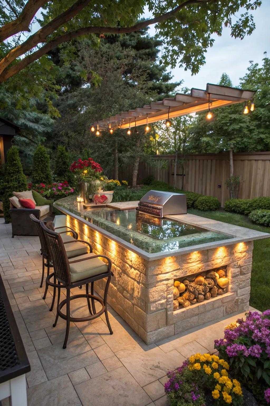 Glass countertops add a magical and artistic touch to outdoor kitchens.