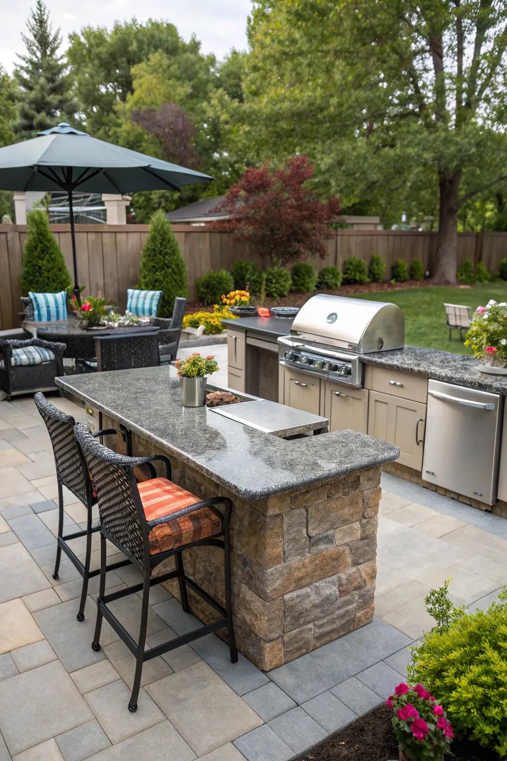 Granite countertops bring elegance and durability to your outdoor kitchen.