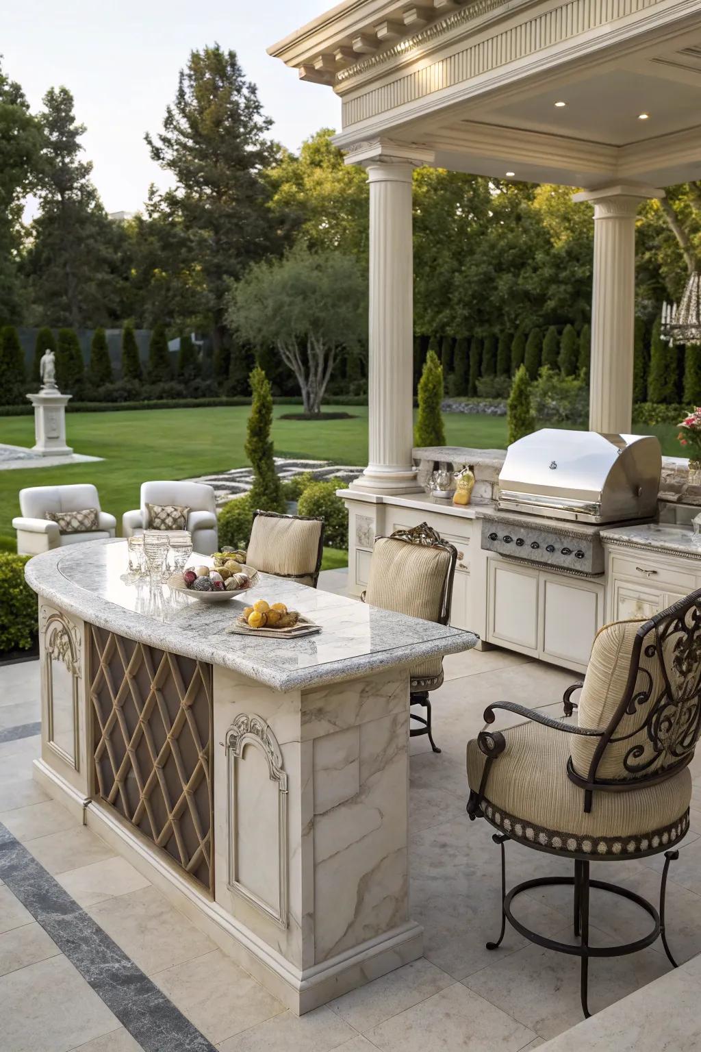 Marble countertops bring timeless elegance to outdoor kitchens.