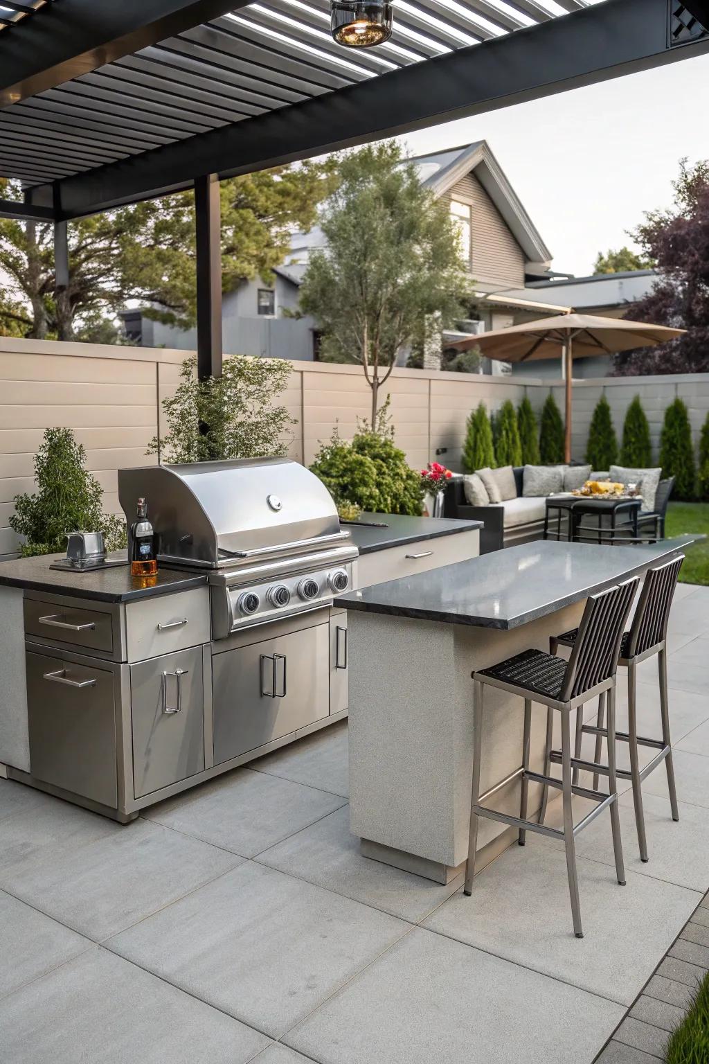 Stainless steel countertops offer a modern and hygienic option for BBQ islands.