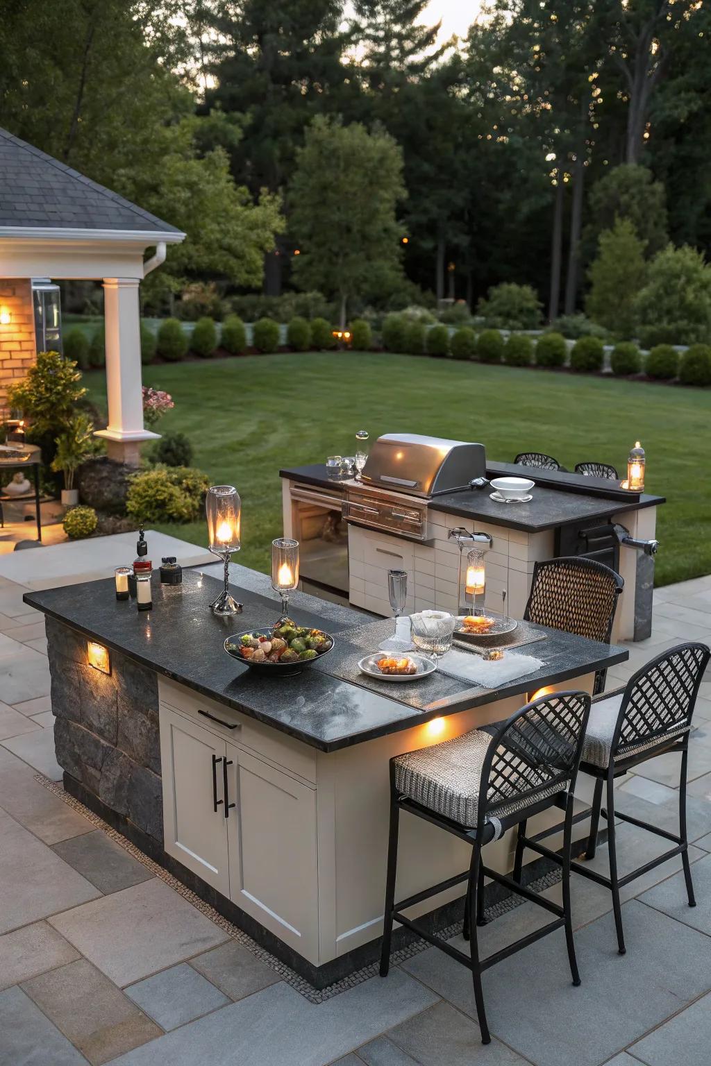 Soapstone countertops offer natural beauty and durability for BBQ islands.