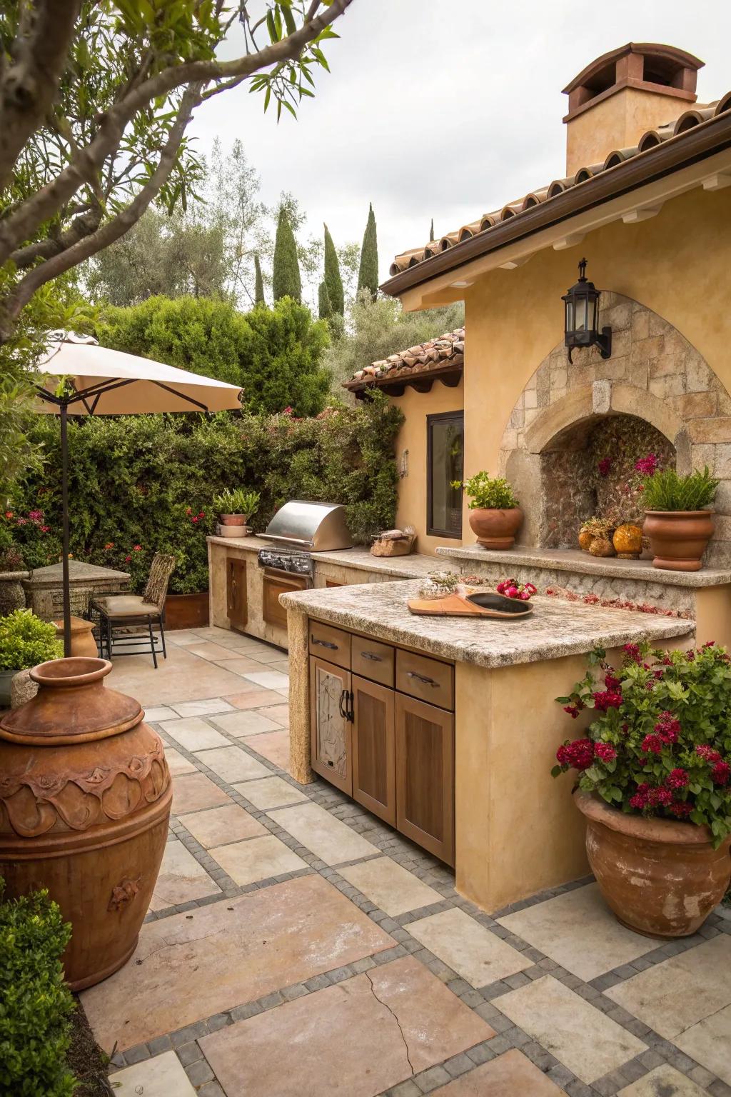 Travertine countertops add an elegant, Mediterranean touch to outdoor kitchens.