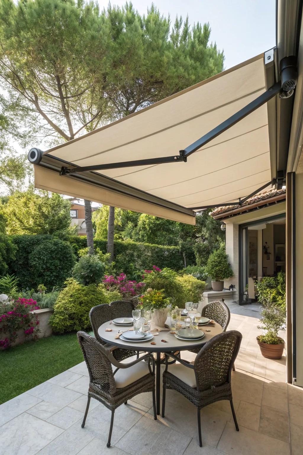 Retractable awnings provide adjustable shade.