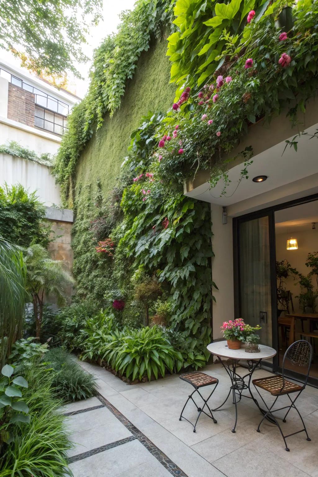Vertical gardens add greenery and shade.